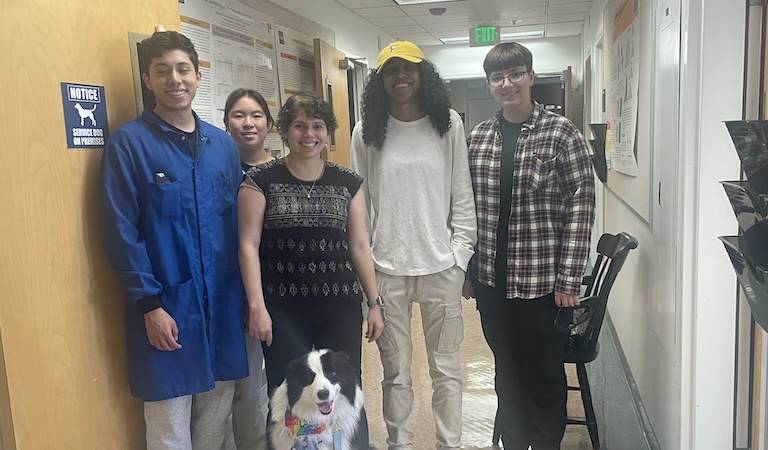 Prof. Hernandez-Castillo summer lab 2024 and four students with service dog