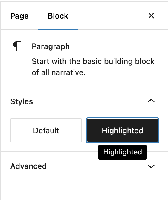Screenshot showing settings for a paragraph in the WordPress editor.